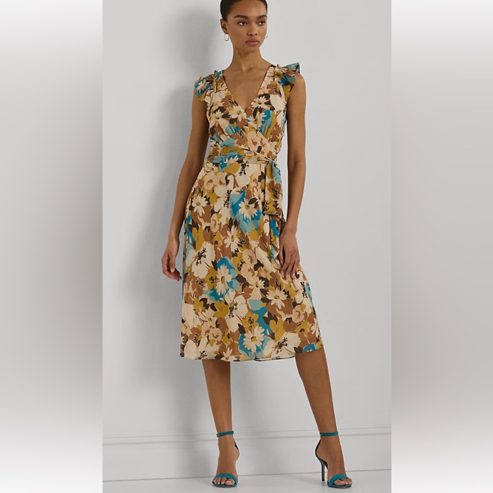 NWT Lauren Ralph Lauren Floral Belted Crinkle Georgette Dress Cream Multi Size 8